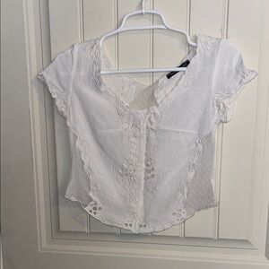 White Fitted Embroidery and Lace Top with Cut Out Lace Back